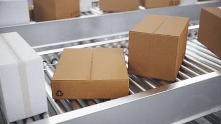 Packages delivery, packaging service and parcels transportation system concept, cardboard boxes on a...