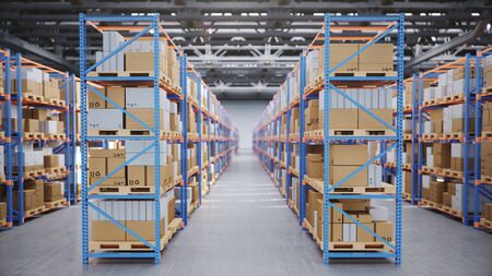 Warehouse with cardboard boxes inside on pallets racks, logistic center. Huge, large modern warehouse. Warehouse filled with cardboard boxes on shelves, boxes stand on pallets, 3D Illustrationの写真素材
