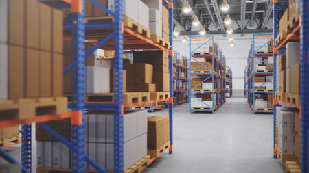 Warehouse with cardboard boxes inside on pallets racks, logistic center. Huge, large modern...