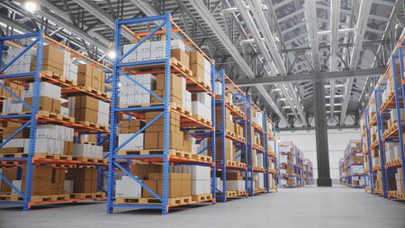 Warehouse with cardboard boxes inside on pallets racks, logistic center. Huge, large modern warehouse. Warehouse filled with cardboard boxes on shelves, boxes stand on pallets, 3D Illustrationの写真素材