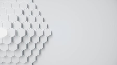 White geometric hexagonal abstract background. Surface polygon pattern with glowing hexagons, honeycomb. Abstract white self-luminous hexagons. Futuristic abstract background 3D Illustrationの写真素材