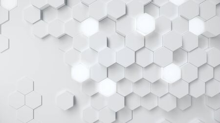 White geometric hexagonal abstract background. Surface polygon pattern with glowing hexagons, honeycomb. Abstract white self-luminous hexagons. Futuristic abstract background 3D Illustrationの写真素材