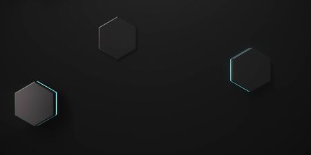 Black geometric hexagonal abstract background. Surface polygon pattern with blue glowing hexagons, honeycomb. Abstract blue self-luminous hexagons. Futuristic abstract background 3D Illustrationの写真素材