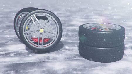 3d illustration Winter tires on a with falling snow background of snow storm, snowfall and slippery...