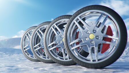 3d illustration winter tires on a background and slippery winter road. Winter tires concept. Concept...