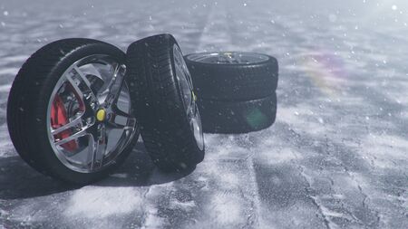 3d illustration Winter tires on a with falling snow background of snow storm, snowfall and slippery winter road. Winter tires concept. Concept tyres, winter tread. Wheel replacement. Road safety.の写真素材