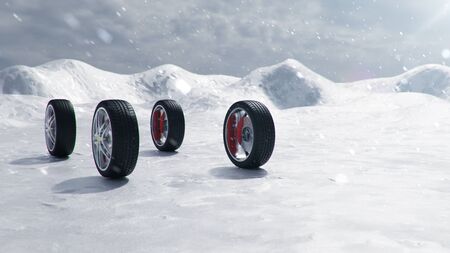 Winter tires on a background of snowstorm, snowfall and slippery winter road. Winter tires concept. Concept tyres, winter tread. Wheel replacement. Road safety. 3d illustration with falling snowの写真素材