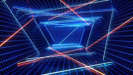 Abstract blue and red interior with neon light. Fluorescent lamp. Futuristic architecture background. 3d illustration of neon lamps that illuminate interior space. Mock-up for your design projectの写真素材