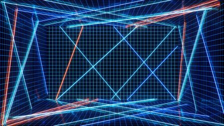 Abstract blue and red interior with neon light. Fluorescent lamp. Futuristic architecture background. 3d illustration of neon lamps that illuminate interior space. Mock-up for your design projectの写真素材
