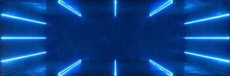 Abstract blue interior or corridor with neon light. Fluorescent lamp. Futuristic architecture background. 3d illustration of neon lamps that illuminate interior space. Mock-up for your design projectの写真素材