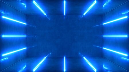 Abstract blue interior or corridor with neon light. Fluorescent lamp. Futuristic architecture background. 3d illustration of neon lamps that illuminate interior space. Mock-up for your design projectの写真素材