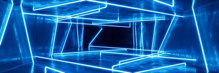 Abstract blue interior or corridor with neon light. Fluorescent lamp. Futuristic architecture background. 3d illustration of neon lamps that illuminate interior space. Mock-up for your design projectの写真素材