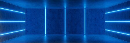 Abstract blue interior or corridor with neon light. Fluorescent lamp. Futuristic architecture background. 3d illustration of neon lamps that illuminate interior space. Mock-up for your design projectの写真素材