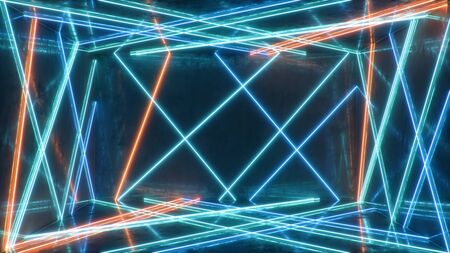 Abstract blue and red interior with neon light. Fluorescent lamp. Futuristic architecture background. 3d illustration of neon lamps that illuminate interior space. Mock-up for your design projectの写真素材