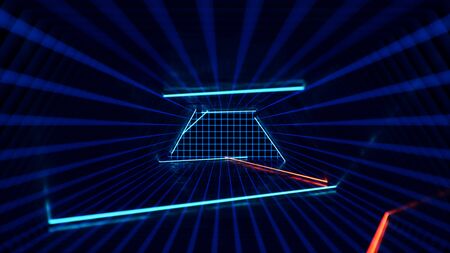 Abstract blue and red interior with neon light. Fluorescent lamp. Futuristic architecture background. 3d illustration of neon lamps that illuminate interior space. Mock-up for your design projectの写真素材
