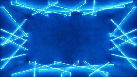 Abstract blue interior or corridor with neon light. Fluorescent lamp. Futuristic architecture background. 3d illustration of neon lamps that illuminate interior space. Mock-up for your design projectの写真素材