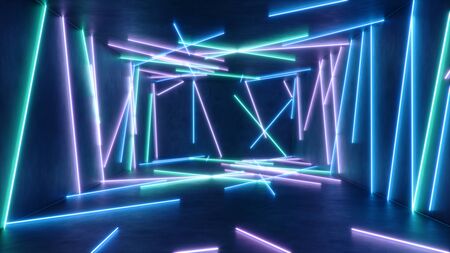 Abstract interior with blue and pink neon light. Fluorescent lamp. Futuristic architecture background. 3d illustration neon lamps, illuminate interior space. Mock-up for your design projectの写真素材