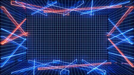Abstract blue and red interior with neon light. Fluorescent lamp. Futuristic architecture background. 3d illustration of neon lamps that illuminate interior space. Mock-up for your design projectの写真素材