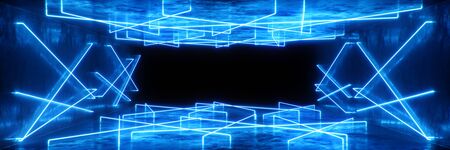 Abstract blue interior or corridor with neon light. Fluorescent lamp. Futuristic architecture background. 3d illustration of neon lamps that illuminate interior space. Mock-up for your design projectの写真素材