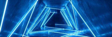Abstract blue interior or corridor with neon light. Fluorescent lamp. Futuristic architecture background. 3d illustration of neon lamps that illuminate interior space. Mock-up for your design projectの写真素材