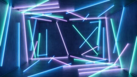 Abstract interior with blue and pink neon light. Fluorescent lamp. Futuristic architecture background. 3d illustration neon lamps, illuminate interior space. Mock-up for your design projectの写真素材