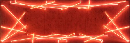 Abstract red interior or corridor with neon light. Fluorescent lamp. Futuristic architecture background. 3d illustration of neon lamps that illuminate interior space. Mock-up for your design project.の写真素材