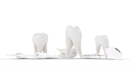 Healthy teeth Isolated on a white background. Teeth with dental tools. Concept of toothbrushing, care and protection against caries. Oral care. Teeth whitening, 3d illustrationの写真素材