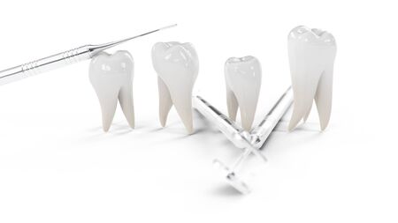 Healthy teeth Isolated on a white background. Teeth with dental tools. Concept of toothbrushing, care and protection against caries. Oral care. Teeth whitening, 3d illustrationの写真素材
