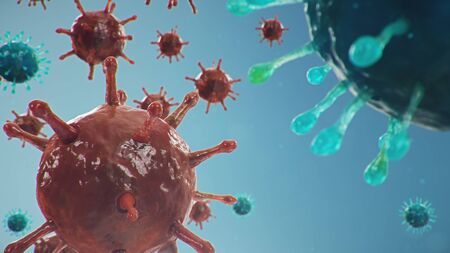3D illustration Coronavirus concept under the microscope. Spread of the virus within the human. Epidemic, pandemic affecting the respiratory tract. Fatal viral infection.の写真素材