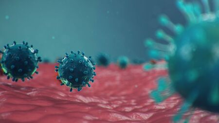 Coronavirus outbreak. Pathogen affecting the respiratory tract. COVID-19 infection. Concept of a pandemic, viral infection. Coronavirus inside a human. Viral infection. 3D illustrationの写真素材