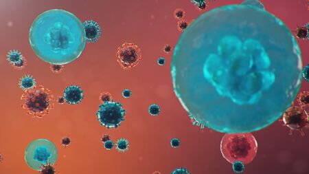 3D illustration Coronavirus concept under the microscope. Human cells, the virus infects cells. Epidemic, pandemic affecting the respiratory tract. Fatal viral infection.の写真素材