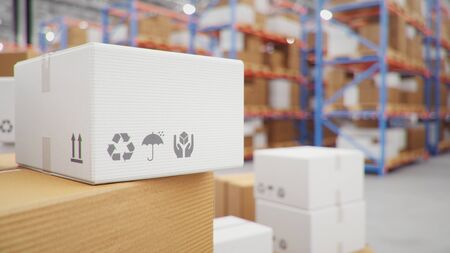 Cardboard boxes in middle of the warehouse, logistic center. Huge modern warehouse. Warehouse filled with cardboard boxes on shelves, boxes stand on pallets. Transportation system, 3D Illustrationの写真素材