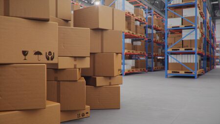 Cardboard boxes in middle of the warehouse, logistic center. Huge modern warehouse. Warehouse filled with cardboard boxes on shelves, boxes stand on pallets. Transportation system. 3D Illustrationの写真素材