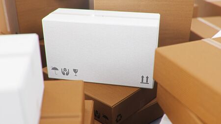 Pile, heap of cardboard boxes isolated on a white background. Cardboard boxes for the delivery of goods. Packages delivery, parcels transportation system concept. 3D illustrationの写真素材