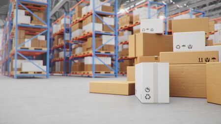 Cardboard boxes in middle of the warehouse, logistic center. Huge modern warehouse. Warehouse filled with cardboard boxes on shelves, boxes stand on pallets. Transportation system. 3D Illustrationの写真素材