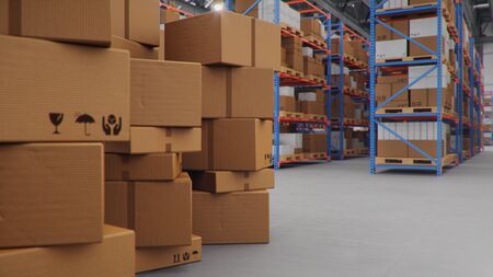 3D Illustration packages delivery, parcels transportation system concept, heap of cardboard boxes in...