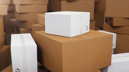 3D illustration background of cardboard boxes. Heap of cardboard boxes for the delivery of goods, parcels. Warehouse filled with boxes. Packages delivery, parcels transportation system conceptの写真素材