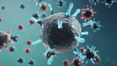 3D illustration, abstract pathogen as a type of flu - H1N1, hepatitis viruses, influenza virus, flu, aids. Virus abstract background. Virus infects human cells. Infection causing chronic disease.の写真素材