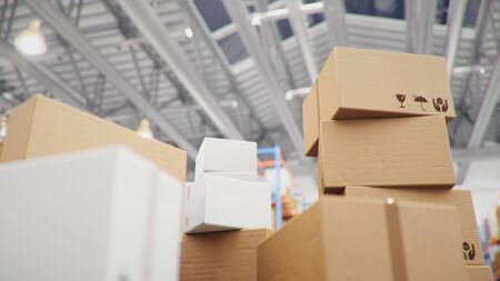 Cardboard boxes in middle of the warehouse, logistic center. Huge modern warehouse. Warehouse filled...
