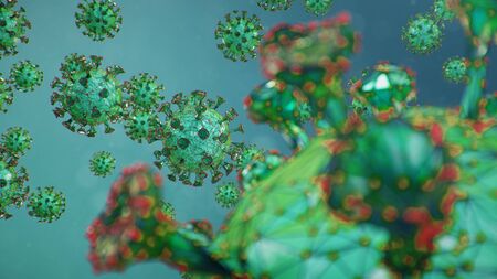 3D illustration, abstract pathogen as a type of flu - H1N1, hepatitis viruses, influenza virus, flu, aids. Virus abstract background. Virus infects human cells. Infection causing chronic disease.の写真素材