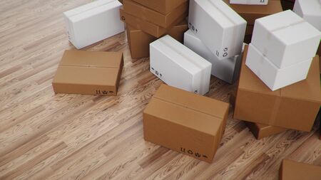 3D illustration heap of cardboard boxes for the delivery of goods, parcels. Cardboard boxes at home in a room on a wooden floor. Packages delivery, parcels transportation system conceptの写真素材
