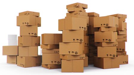 Pile, heap of cardboard boxes isolated on a white background. Cardboard boxes for the delivery of goods. Packages delivery, parcels transportation system concept. 3D illustrationの写真素材