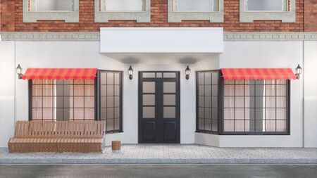 Exterior of a building with two mockups or banners for your text. The view from the street is a bench with a garbage bin, street lights, 3d illustrationの写真素材