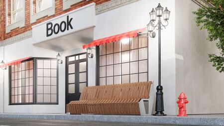 Bookstore or library. Exterior of a building near the road. Education concept. The view from the street is a bench with a garbage bin, street lights hydrant and a beautiful tree, 3d illustrationの写真素材