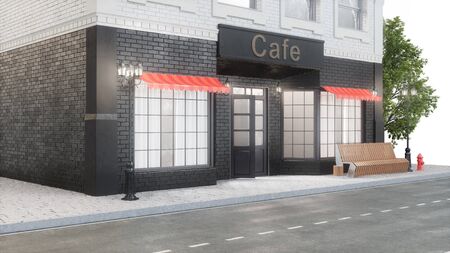 Cafe or coffee shop. Exterior of a building near the road. The view from the street is a bench with a garbage bin, street lights, hydrant and a beautiful tree, 3d illustrationの写真素材
