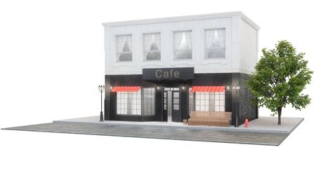 Cafe or coffee shop. Exterior of a building near the road on a white background. The view from the street is a bench with a garbage bin, street lights, hydrant and a beautiful tree, 3d illustrationの写真素材
