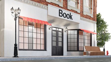 Bookstore or library. Exterior of a building near the road. Education concept. The view from the street is a bench with a garbage bin, street lights hydrant and a beautiful tree, 3d illustrationの写真素材