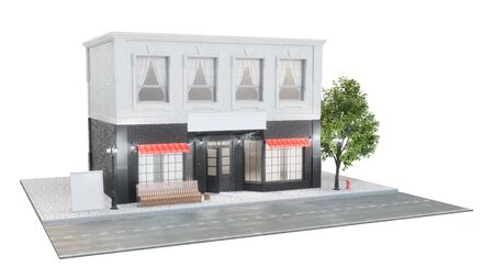 Exterior of a building with two mockups or banners for your text. The view from the street is a bench with a garbage bin, street lights hydrant and a beautiful tree on white backdrop. 3d illustrationの写真素材