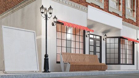 Exterior of a building with two mockups or banners for your text. The view from the street is a bench with a garbage bin, street lights, 3d illustrationの写真素材