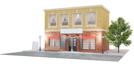 Exterior of a building with two mockups or banners for your text. The view from the street is a bench with a garbage bin, street lights hydrant and a beautiful tree on white backdrop. 3d illustrationの写真素材